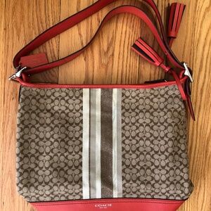COACH Legacy Signature Stripe Shoulder Bag Purse Orange Tan Monogram Logo